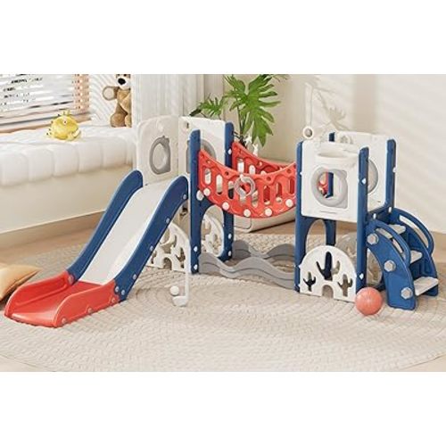 67i 9 in 1 Toddler Playground Slide Set - Monkey Bar (Climbing Arch) for Coordination, Easy Assembly, Indoor Outdoor Playset Birthday Gift with Golf/Basketball/Drawing (Red, Without Swing)