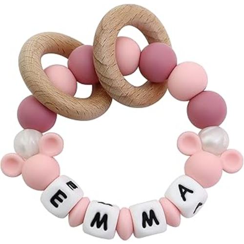 Personalized Baby Teether Rattle with Name - Custom Wooden Teething Toy for Boys & Girls - Handmade Mouse Keepsake Baby Shower Gift (Pink)