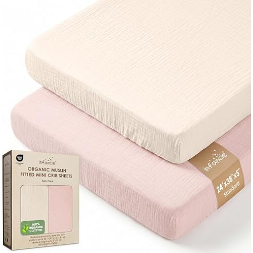 100% Organic Cotton 2 PK Baby Muslin Pack & Play Sheets 24x38in Mini Crib