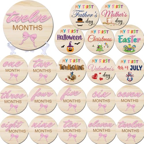 3D Pink Bow‌ Baby Monthly Milestone Cards | My First Holiday Signs | Double Sided 1-12 Months Birth Announcement Cards for Girls | Wooden Circles Discs for Newborn Baby Shower Photo Props