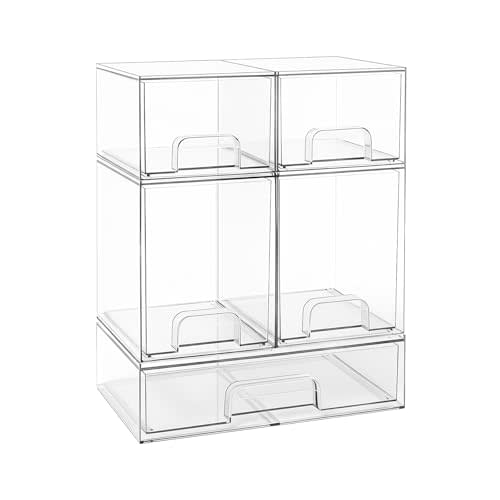 Baby Bottle Organizer Stackable, Acrylic Storage Drawers 5 pack with Non-Slip Pads, Pull-Out Drawers for Baby Bottle, Pump Parts, Pantry, Vanity Countertop (4.4" and 7.6" Tall and 12.1" Wide)