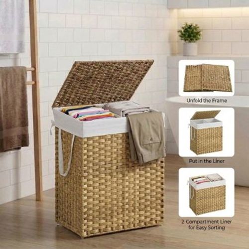 SONGMICS 110L Laundry Hamper with Lid Clothes Hamper with 2 Removable Liner Bags & 6 Mesh Bags Natural