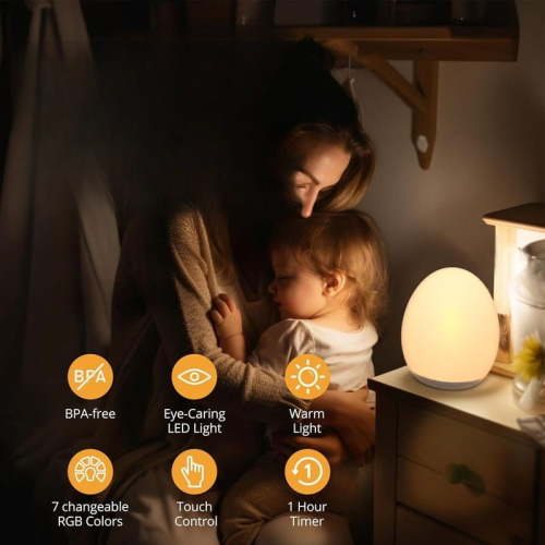 Egg Light for Nursery with 7 RGB Colors Changeable & Stepless Dimming, Rechargeable Tap Light with 1h Timer & Touch Control