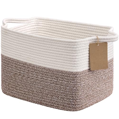 Goodpick Woven Rope Storage Basket for Shelves, Rectangle, Brown | 13" × 10" × 9" Stylish Gift Basket for Bedroom & Living Room Organization, Cotton Rope Baskets for Toys & Towels Storage