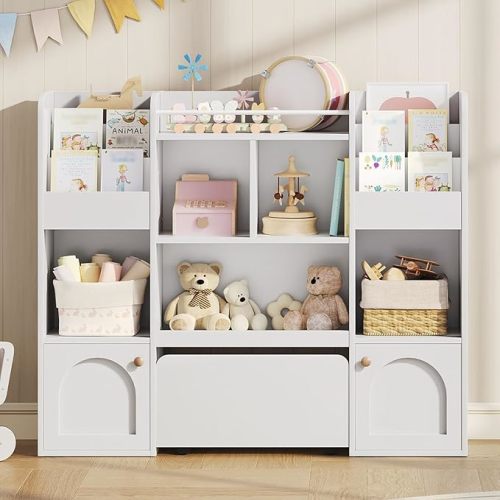 Kids Toy Storage Organizer with Movable Drawers,Toy Storage with 5 Cubbies Shelf, Toy Organizer with Hidden Wheels for Playroom, Kids Bookshelf with Storage, Nursery, White