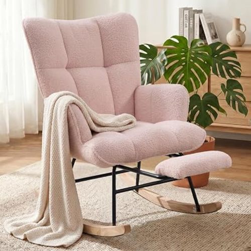 Nursery Rocking Chair, Teddy Nursery Glider with Footrest, Pink