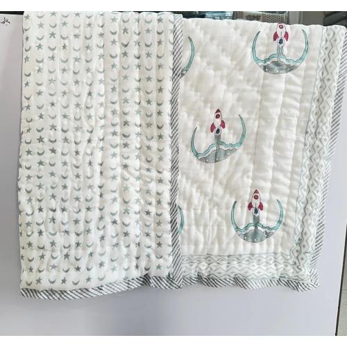 New Pattern Space Rocket Block Print Baby Quilt , Blanket, beautiful Baby Quilt, Reversible Quilt fabulous Quilt, Beautiful Quilt Ultra warm