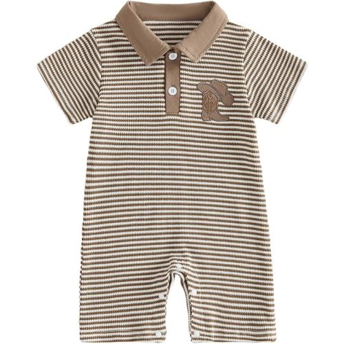Newborn Outfits Baby Boy Clothes Summer Short Sleeve Waffle Knit Collared Sailboat Embroidery Romper Jumpsuit