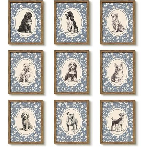 SAMHOU Vintage Dog Portrait Wall Art Set of 9, 8x10 Inch Unframed Wall Decor, Floral Floral Background Puppy Canvas Print Poster, Farmhouse Rustic Nursery Bedroom Bathroom Decor Oil Painting