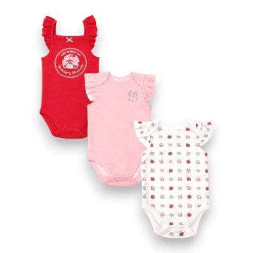 Strawberry Shortcake Infant Girls' 3-Piece Soft Cute Flutter Bodysuit Set, Red/Pink, 12 Months