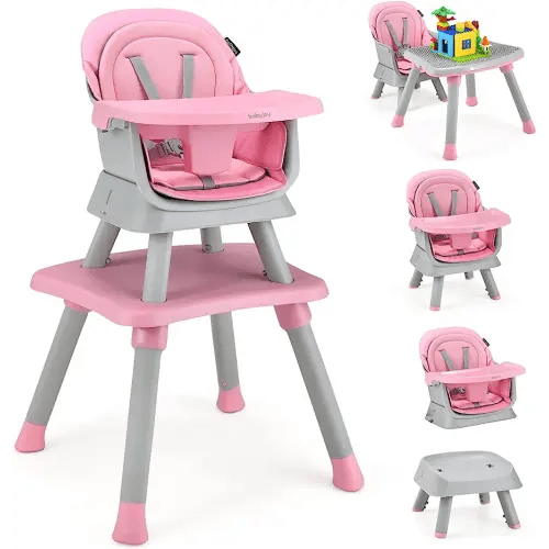 BABY JOY Baby High Chair, 8 in 1 Convertible Highchair for Babies & Toddlers | Booster Seat | Table and Chair Set | Building Block Table | Toddler Chair with Safety Harness, Removable Tray (Pink)