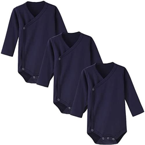 ACESTAR Baby Boy Girl Side Snap Bodysuits - 100% Cotton Plain Long Sleeve Baby Kimono for Newborn-12 Months, 3 Pack