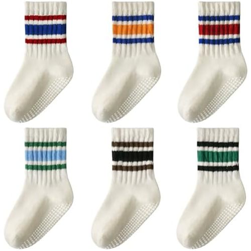 HONGTEYA 6 Pack Baby Toddler Grip Socks with Non-Slip Stripe Grippy Crew Socks for Boys Girls Kids Seamless Toe 1-8 Years