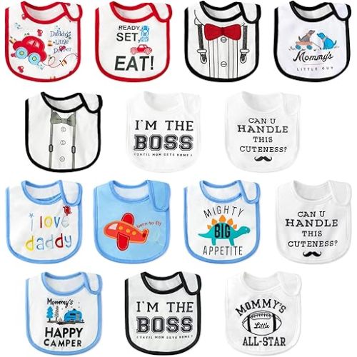 14Pcs Cotton Waterproof Baby Bibs - Adjustable Hook Loop Closure Infant Bib Food Bibs Keepsake Baby Gift for Drooling Feeding Eating Teething, 6-12 Months