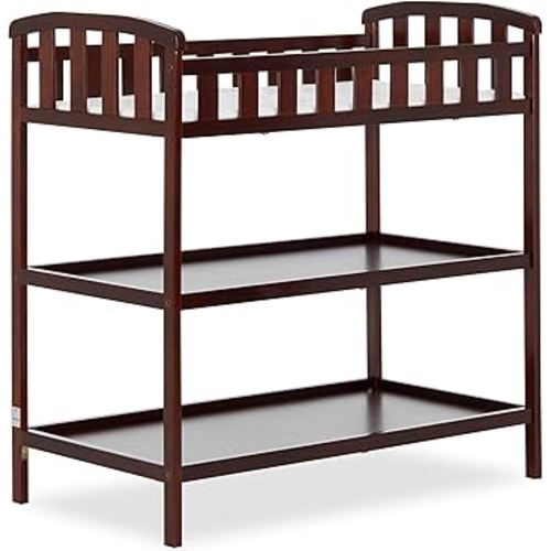 Dream On Me Emily Changing Table, Compact and Portable, Solid New Zealand Pinewood, Safety Rails, Two Storage Shelves, Includes Water-Resistant 1" Changing Pad — Espresso
