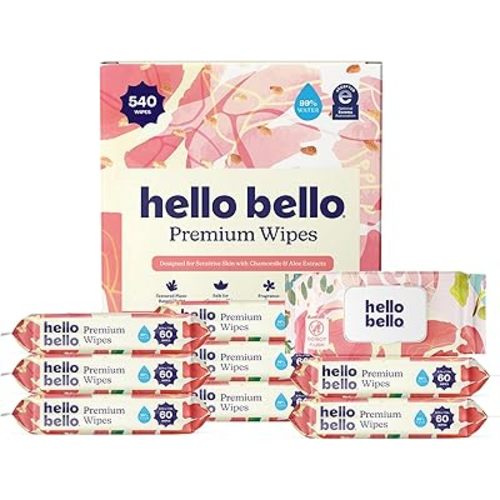Hello Bello Premium Baby Wipes for Sensitive Skin, Hypoallergenic, Fragrance-Free, 99% Water with Chamomile & Aloe, Multi-Use, Rosy Posy, 9 Resealable Packets, 540 Wipes