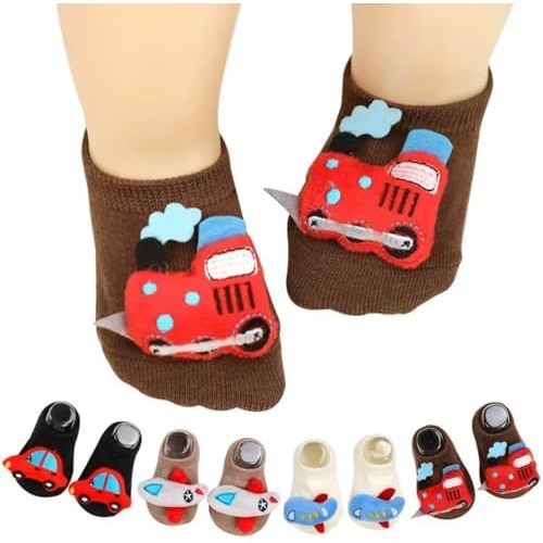 4 Pack Baby Boy Socks,Non Slip Grip Ankle Socks for Newborn Infant Preemie Funny Sock with Cartoon Car Plane