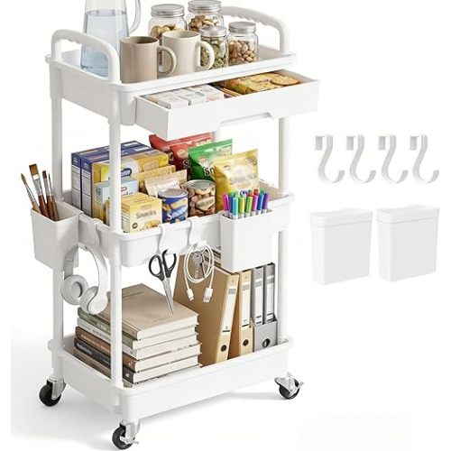 3 Tier Rolling Utility Cart with Drawer, Plastic Storage Organizer Rolling Carts with Wheels Handles Hanging Cups Hooks for Office, Bathroom, Kitchen,Craft Art Room (White)