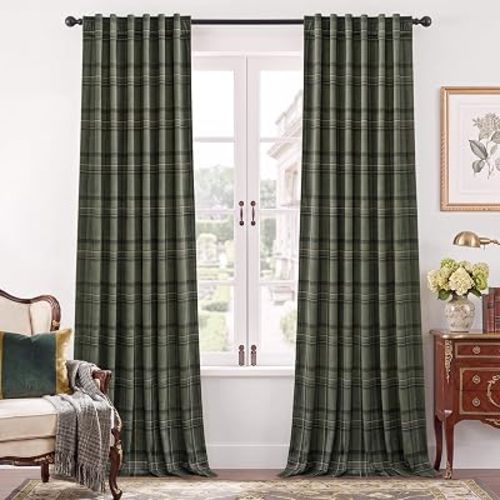 Olive Green Plaid Velvet Curtains for Bedroom, W52 x L84, 2 Panels
