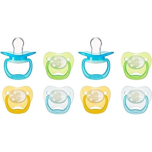 Amazon Brand - Mama Bear Glow-in-The-Dark Baby Pacifier, Stage 1 (0-6M), BPA Free, Assorted Colors (Pack of 8)