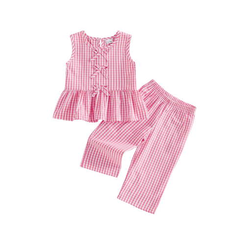 Loicainy Toddler Kids Girl Summer Outfits 12 18 24 Months 2T 3T 4T 5T Plaid Print Bow Tie Front Tank Tops Elastic Waist Long Pants 2 Pcs Clothes Set