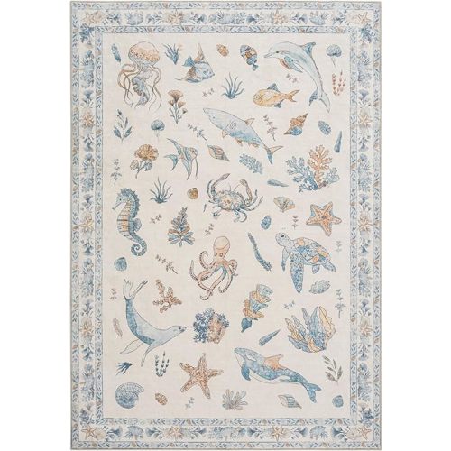 Beachy Coastal 5x7 Washable Nursery Rug (Blue Multi, 5' x 7')