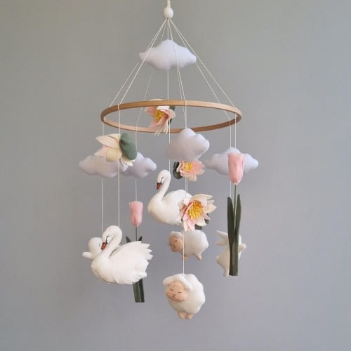 Floral baby mobile White swans Lamb Bunny