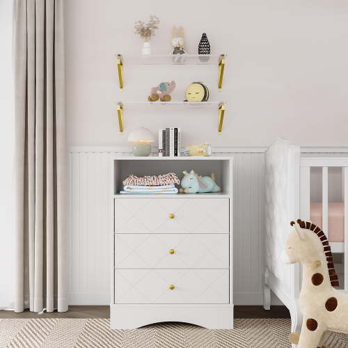 SUNVIVI Dresser with Drawers & Floating Shelves, 3 Drawer Dresser with Open Storage & Painted Finish, Modern Storage Dresser for Toddler Room, Bedroom, Closet, Hallway, White