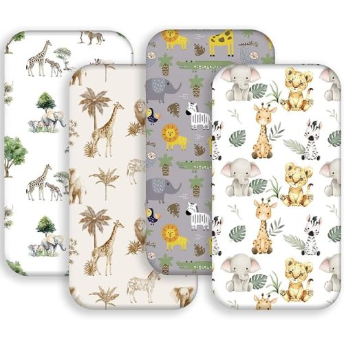 4 Pack Safari Jungle Animals Neutral Unisex Fitted Nursery Baby Sheets Set Toddler Mattress Sheets for Baby Boys or Girls (Bassinet Sheets)