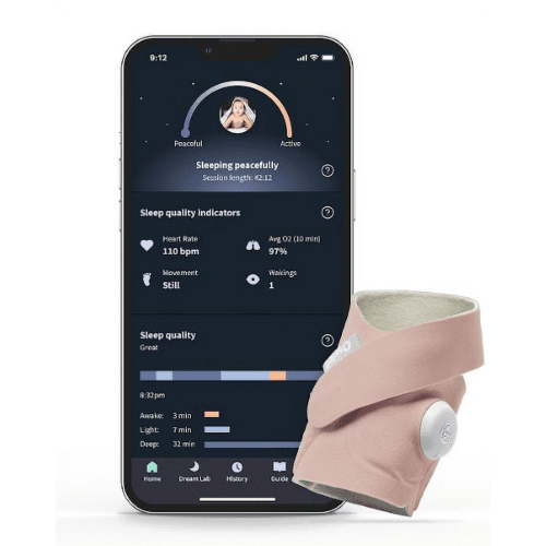 Owlet Dream Sock - Smart Portable Wi-Fi Baby Monitor with Heart Rate and Average Oxygen O2 Sleep Quality Indicators - Dusty Rose