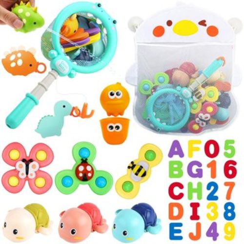 Etokfoks 49pcs Baby Bath Toy Set for Toddlers 1-6 with Foam Letters Numbers Fishing Net Wind Up Turtles Organizer Educational