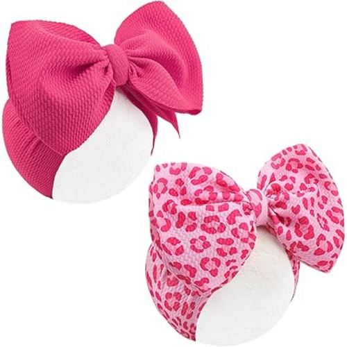 2PCS 7’’ Super Soft Knot Headbands with Hair Bows Pink Leopard Infant Toddlers Kids Hair Accessories Headband for Newborn Baby Girls