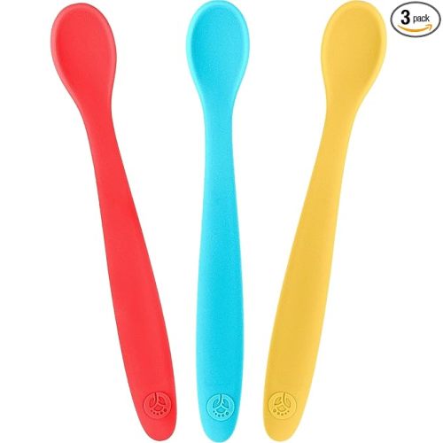 WeeSprout Silicone Baby Spoons - First Stage Infant Feeding Utensils With Soft-Tip, Bendable Kitchenware for Parent & Self-Feeding, Ultra-Durable, Dishwasher Safe, Travel Case, Set of 3