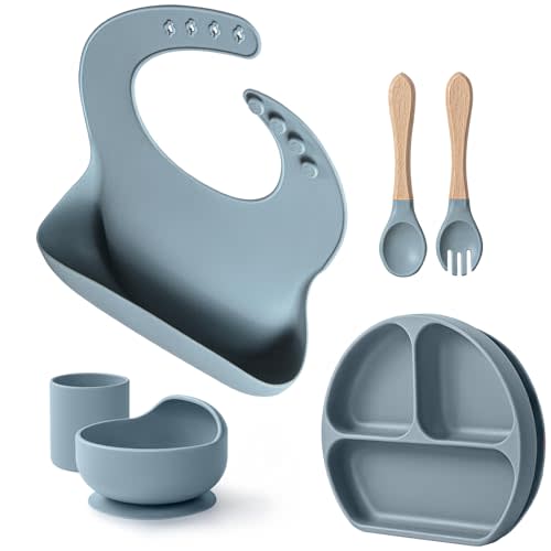 Willbetter 6pc No-Spill Silicone Feeding Set: Strong Suction Plate & Bowl, Self-Feeding Utensils, Bib, Cup | Food Grade BPA-Free, Dishwasher Safe | BLW & Toddler Essentials 6m+