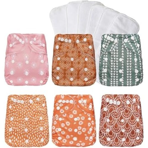 Washable Reusable Cloth Diapers for Babies, Adjustable Baby Cloth Diapers Newborn,6 Pack Diapers Covers with 6Pcs Microfiber Inserts (Flower Geometry)