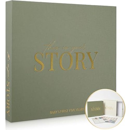 Baby Memory Book from Pregnancy to Age 5, Baby Book Keepsake & Milestone Journal for Boy or Girl, Gender Neutral Scrapbook Album with Stickers & Keepsake Box