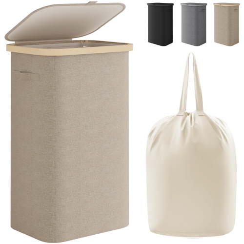 BGTREND Slim Laundry Hamper with Lid 110L Foldable Clothes Basket with Removable Mesh Bag & Handle for Closet Bathroom Bedroom (Beige)