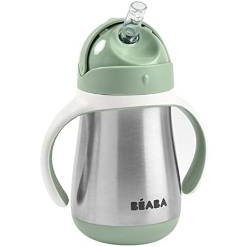 Beaba Stainless Steel Straw Sippy Cup, Insulated Toddler Cups Spill Proof with Removable Handles, Made with High Grade Stainless Steel, 8+ Months, 8 oz (250mL), (Sage)
