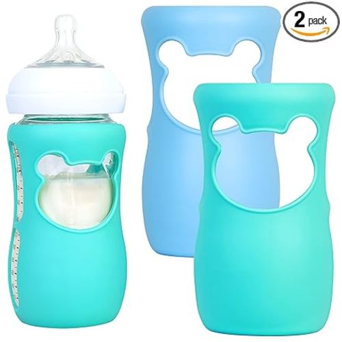 Silicone Baby Bottle Sleeves for Philips Avent Natural Bottles, Anti Breakage Bottle Holder for Avent Glass Baby Bottles, 8oz, Pack of 2 (Blue and Turquoise)