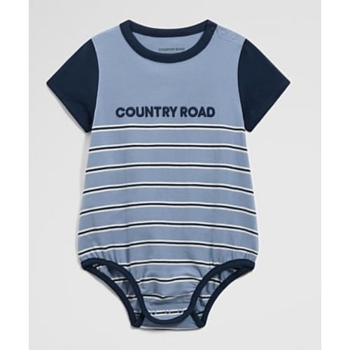 Slate Blue Organically Grown Cotton Stripe Logo T-Shirt Bodysuit - Jumpsuits & Bodysuits | Country Road
