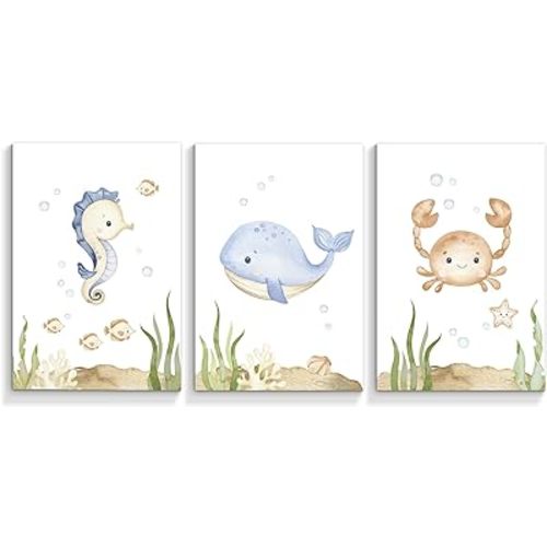 Yuaruo Ocean Animal Nursery Canvas Wall Art, 3 Piece Under The Sea Artwork Poster, Cute Life Aquatic Seahorse Whale Crap Print Painting Decor for Baby Bedroom Playroom Classroom 12x16in Unframed