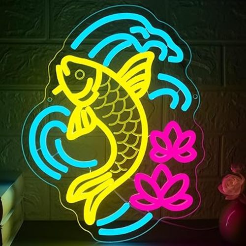 Koi Fish & Lotus Neon Sign Dimmable LED Neon Light for Home Wall Decor Fish Neon Light for Man Cave Living Room Bar Party Decor Birthday Gift for Aesthetic & Fortune Enthusiasts Size 13.7*12.2 In(A058)