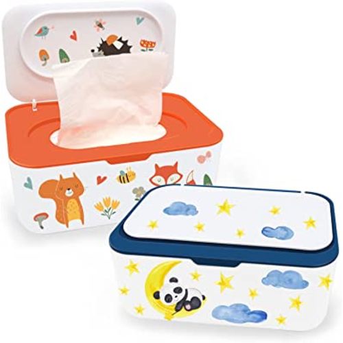 2Pcs Baby Wipes Dispenser, Diaper Wipe Holder with Lid, Refillable Wipes Case Container with Sealing Design, Flushable Wipes Pouch Case Storage Box for Bathroom (BLue + Orange)