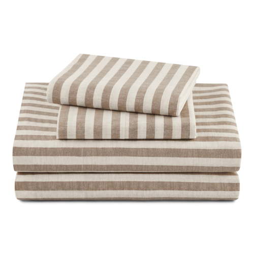 Beautiful Striped 4-Piece 100% Cotton Washed Percale Natural Sheet Set, Queen by Drew Barrymore