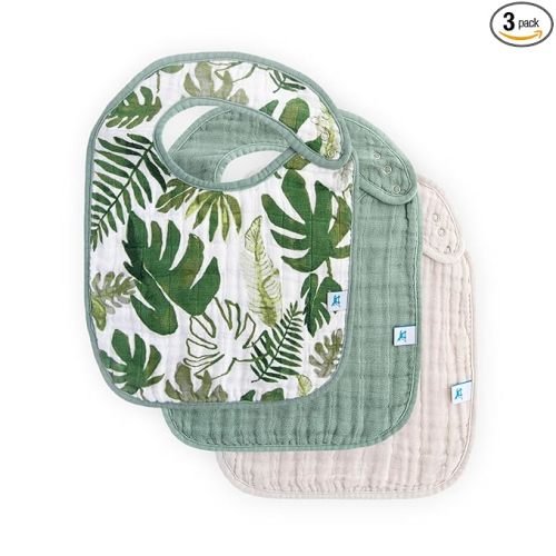 Muslin Baby Bibs | Adjustable as Baby Grows | Soft Absorbent Muslin Fabric | For Eating, Drooling, Teething (Tropical Leaf)