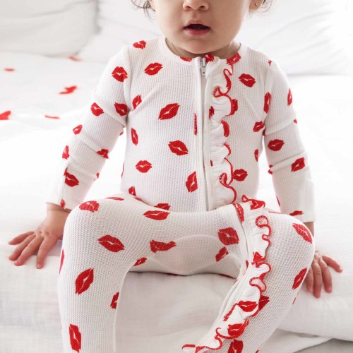 Little Kisses Bamboo Waffle Ruffle Zipper Footie