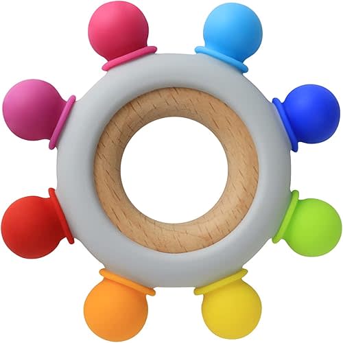 Baby Teething Toys Silicone Teethers BPA Free Silicone Rudder with Wooden Ring Soothe Babies Gums (8 Directions - Rainbow)
