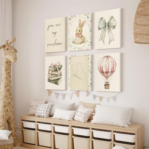 Ophelia & Co. Vintage Nursery Wall Art Baby Girl Room Canvas Wall Decor Pink Flower Bunny Pictures Nursery Bow Art Prints Girl Butterfly Poster Vintage Floral Artwork For Children Bedroom 8X10x6 Inch Ready To Hang | Wayfair
