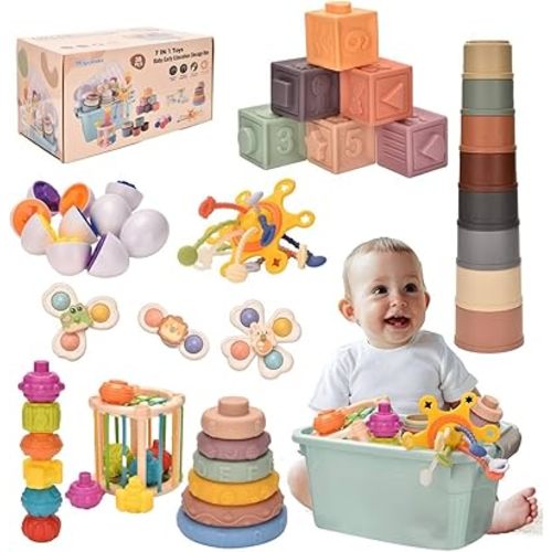 Montessoriii Toys for 1 Year Old,Baby Toys 6-12 Months,Stacking Building Blocks & Soft Infant Teething & Matching Eggs for Toddlers 6-9-12 Months,Baby Boys&Girls Gifts(7 in 1)