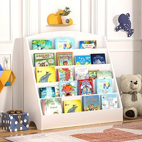 Kids Bookshelf, Children Book Storage Organizer, Kids Bookcase for Bedroom, Living Room, Playroom, Nursery, 5 Tier Sling Toddler Baby Wooden Book Display Shelves, White